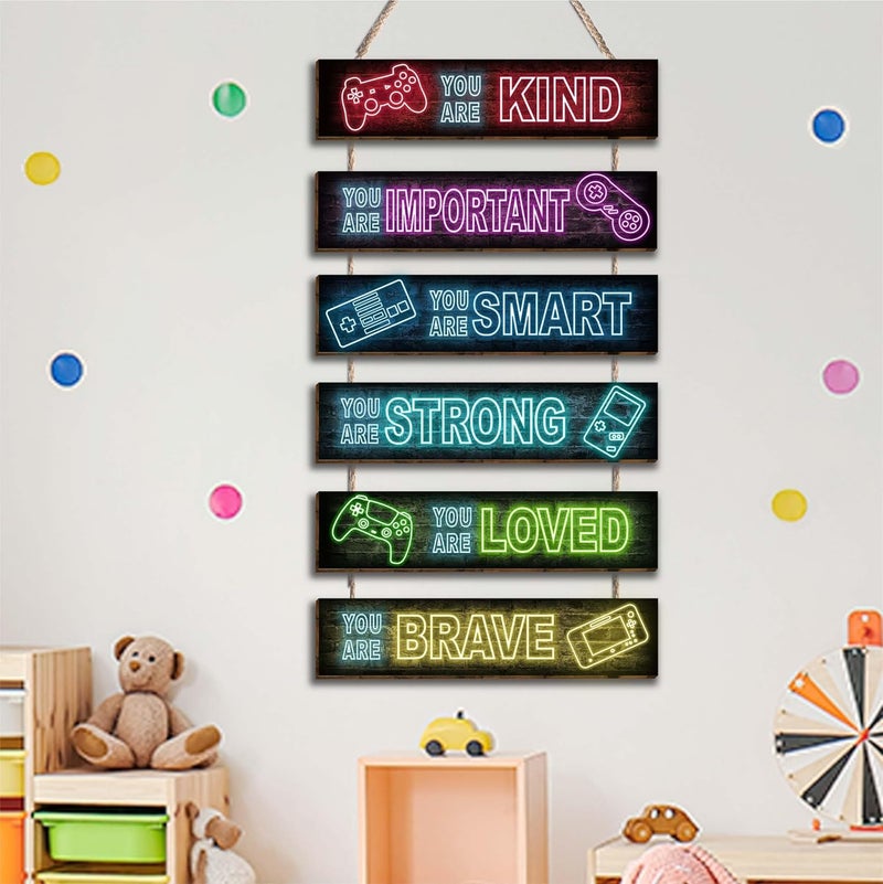 HIWERAN 6 Pcs Neon Gaming Decor Boys Room Decor Positive Neon Gaming Quotes Wall Art Decor for Teens Kids Bedroom Princess Toddler Room, Works of art Made of Wood, Works of Art of Wood, Placards of Woods - Image 5